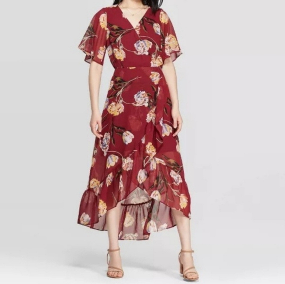 Burgundy V Neck Midi Dress